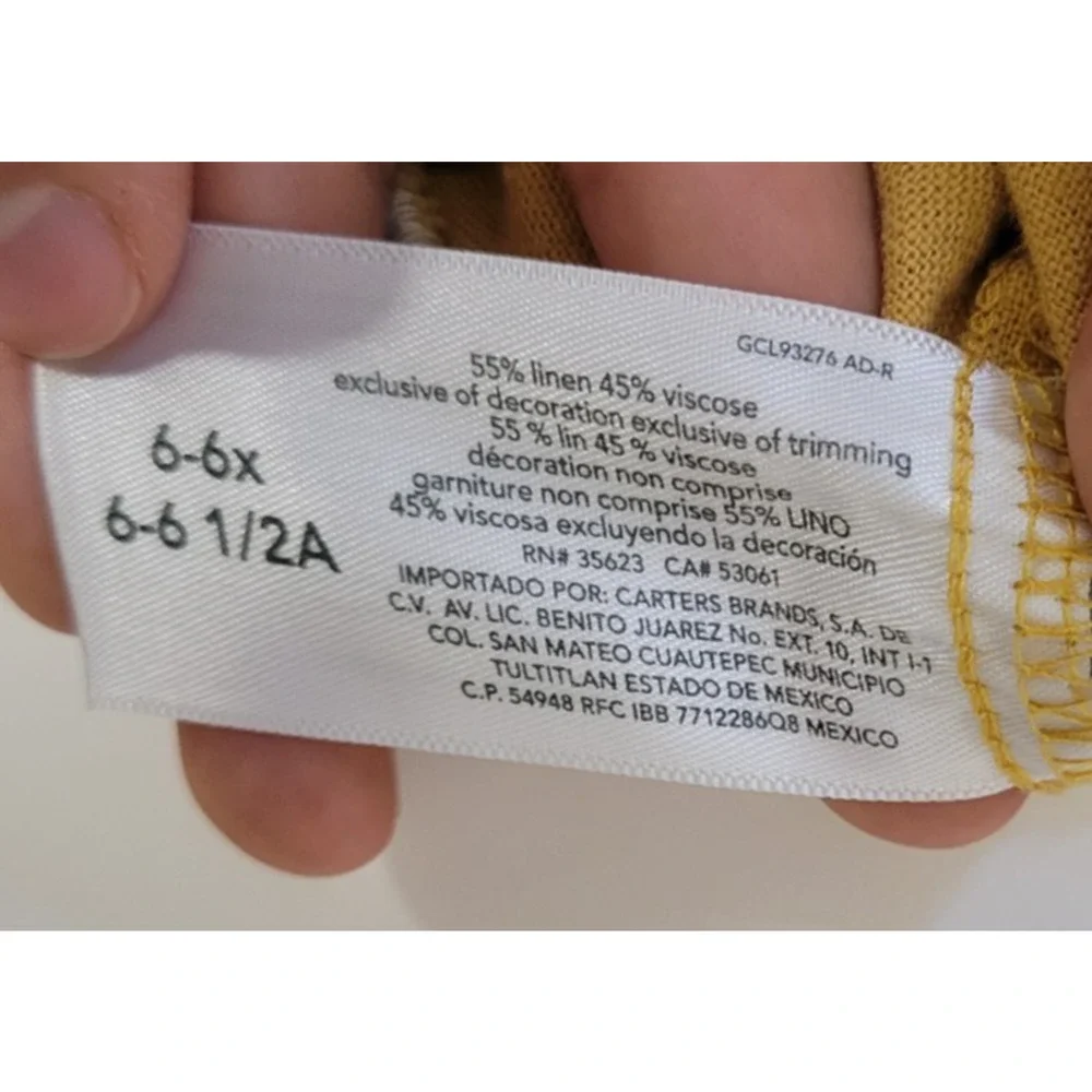 Carter's Girls 6/6X Mustard Yellow Linen Blend Ruffle Sundress Scallop Hem